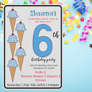 Blue Ice Cream Cones 6th Birthday Party Kids Invitation