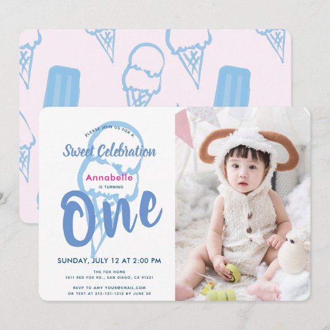 Blue Ice Cream PhotoGirl 1st Birthday Invitation (Front/Back)