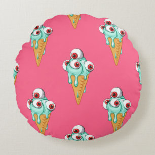 Blue Ice Cream Pink Background Round Cushion