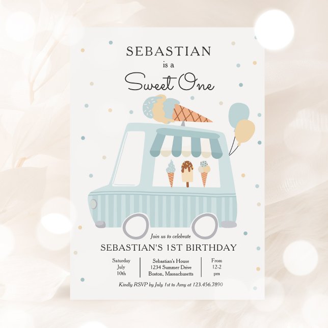 Blue Ice Cream Truck Sweet One 1st Birthday Party Invitation (Creator Uploaded)