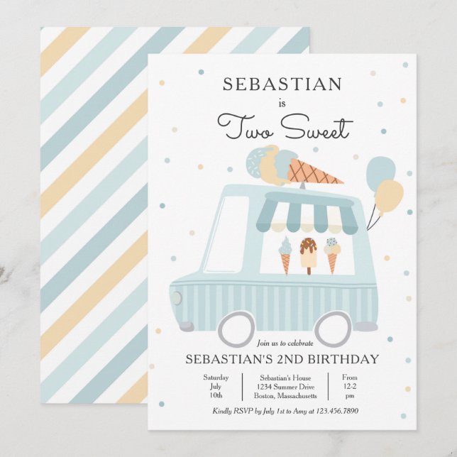 Blue Ice Cream Truck Two Sweet 2nd Birthday Party Invitation (Front/Back)