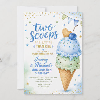 Blue Ice Cream Two Scoops Twin Boys Birthday Invitation
