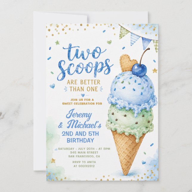 Blue Ice Cream Two Scoops Twin Boys Birthday Invitation (Front)