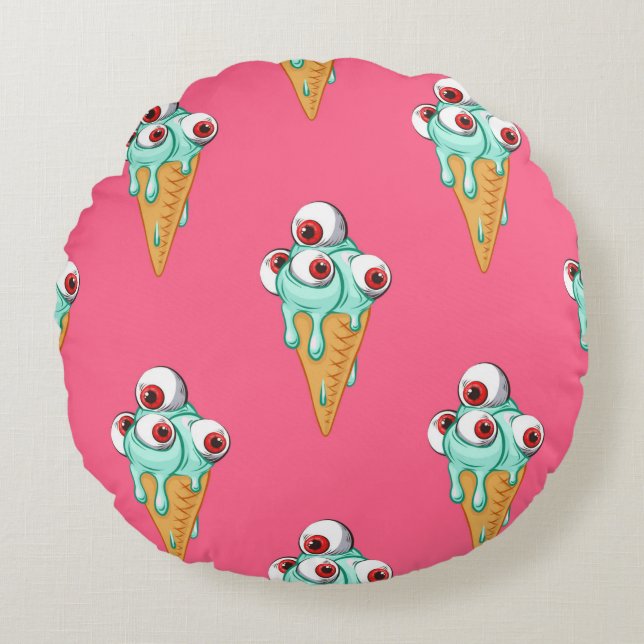 Blue ice cream with eyes. Pink background. Seamles Round Cushion (Front)