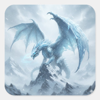 Blue Ice Dragon On A Mountaintop Square Sticker