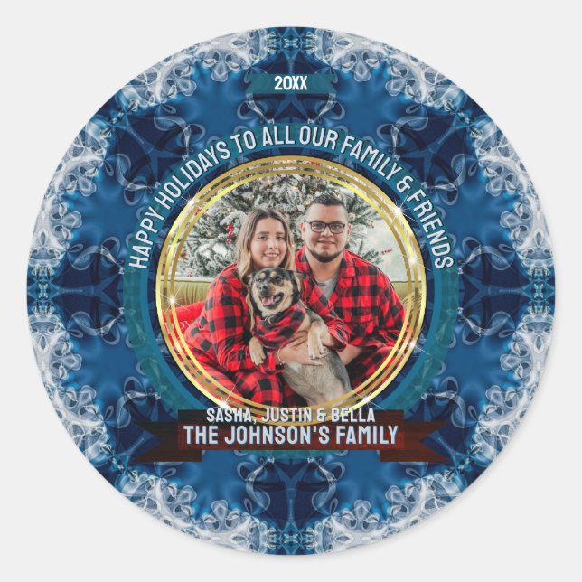 Blue Ice Geometry Custom Photo Holiday Greetings Classic Round Sticker (Front)