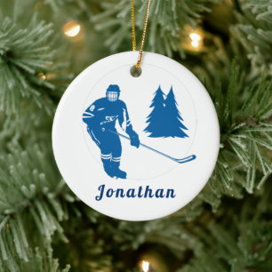 Blue Ice Hockey Player Custom Name Winter Sport Ceramic Tree Decoration