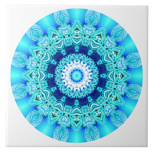 Blue Ice Lace Mandala, Abstract Aqua Tile (Front)