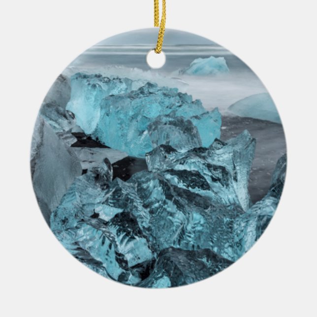 Blue ice on beach seascape, Iceland Ceramic Tree Decoration (Front)