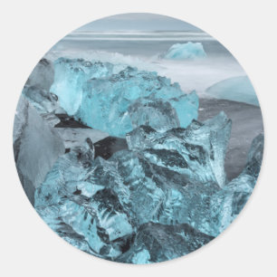 Blue ice on beach seascape, Iceland Classic Round Sticker