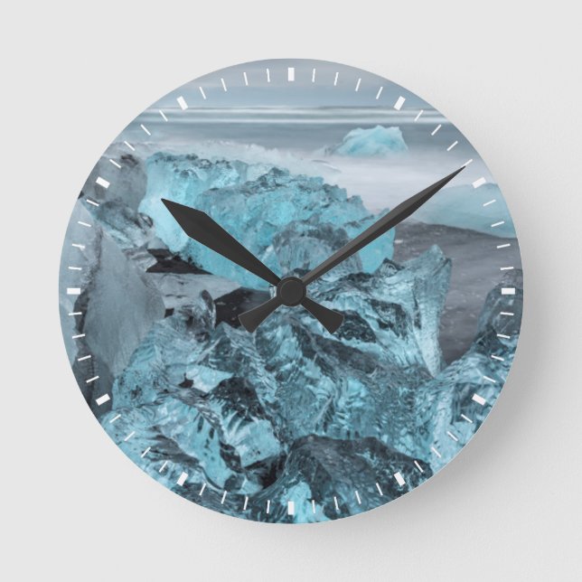 Blue ice on beach seascape, Iceland Round Clock (Front)