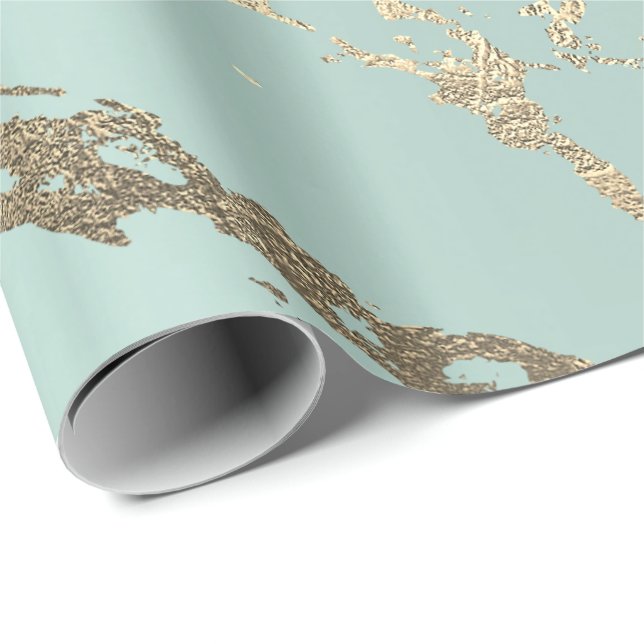 Blue Ice Pastel Gold Marble Shiny Abstract Wrapping Paper (Roll Corner)