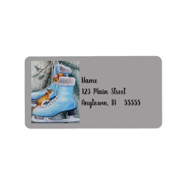 Blue Ice Skates & Mice Holiday Home Watercolor Art Label (Front)