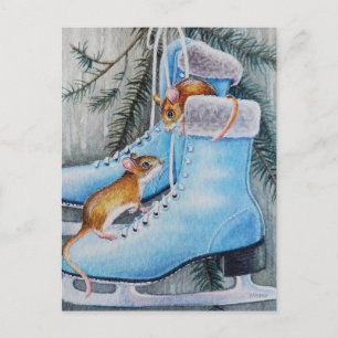 Blue Ice Skates & Mice Holiday Home Watercolor Art Postcard