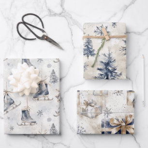 Blue Ice Skates Snowflakes Christmas Trees Gifts Wrapping Paper Sheet