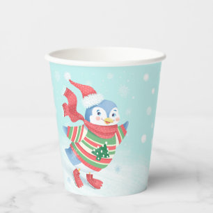 Blue Ice Skating Penguin Paper Cups