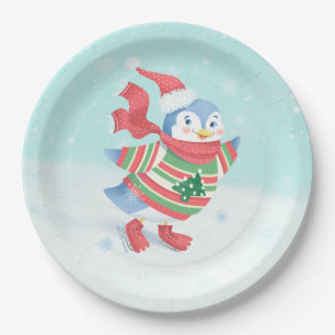 Blue Ice Skating Penguin Paper Plate
