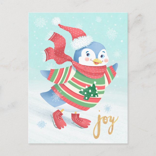 Blue Ice Skating Penguin Postcard (Front)