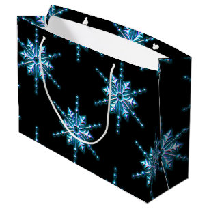 Blue Ice Snowflakes on Black Christmas Large Gift Bag
