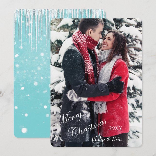 Blue Icicle Snow Modern Christmas Holiday Card (Front/Back)