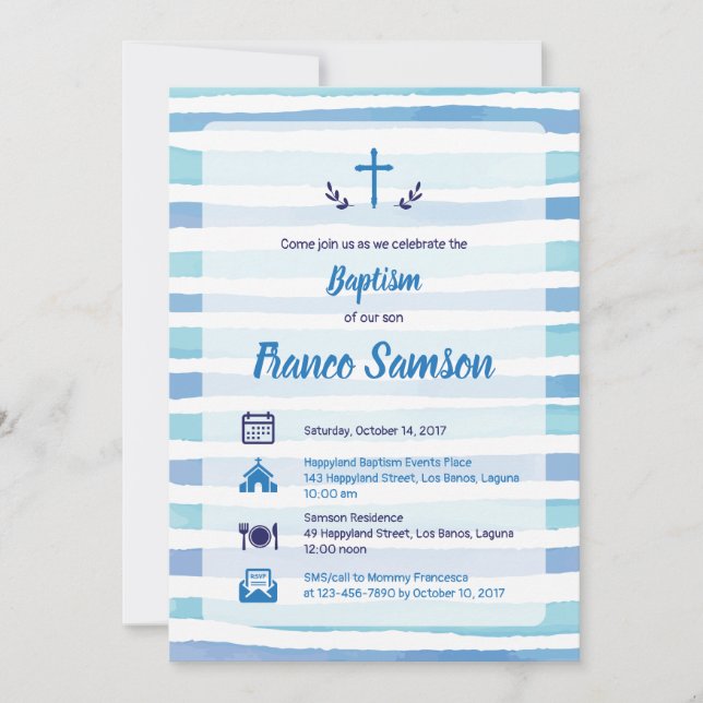 Blue Icons on Nautical Stripes Baptism Invitation (Front)