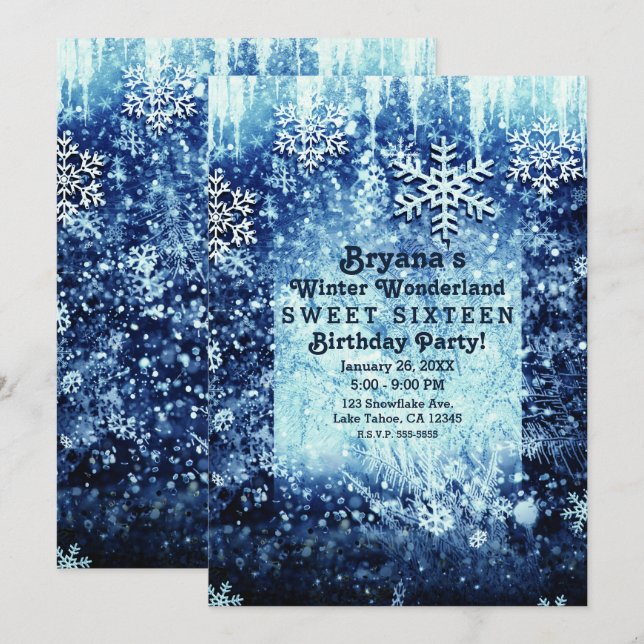 Blue Icy Snowy Winter Wonderland Sweet 16 Party Invitation (Front/Back)