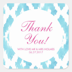 Blue Ikat Thank You Square Sticker