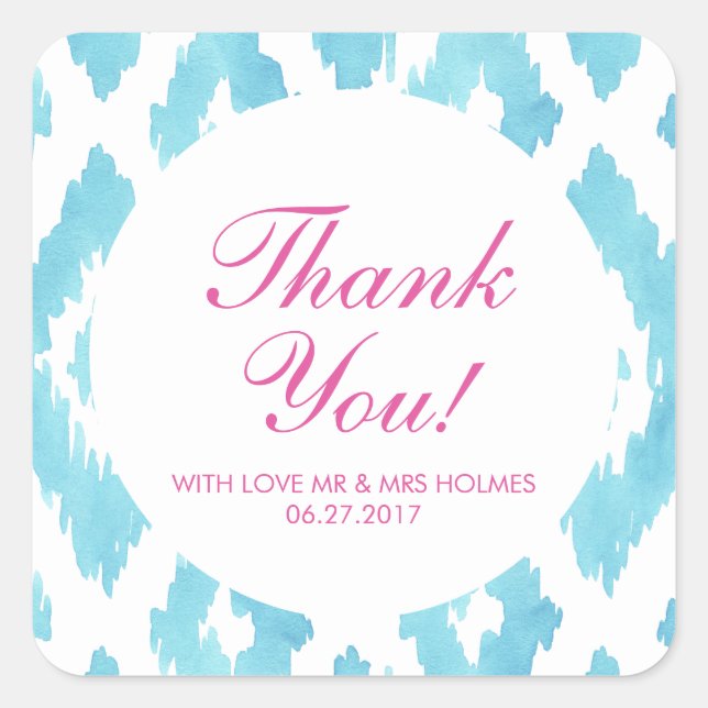 Blue Ikat Thank You Square Sticker (Front)