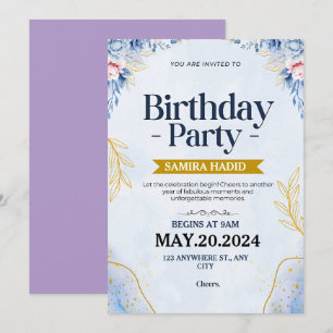 Blue Illustrative Floral Birthday Invitation