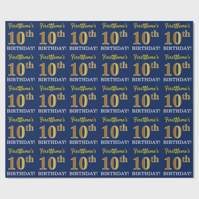Blue, Imitation Gold Look "10th BIRTHDAY" Wrapping Paper (Flat)