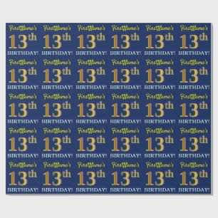 Blue, Imitation Gold Look "13th BIRTHDAY" Wrapping Paper