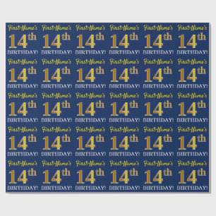 Blue, Imitation Gold Look "14th BIRTHDAY" Wrapping Paper