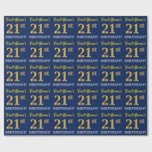 Blue, Imitation Gold Look "21st BIRTHDAY" Wrapping Paper