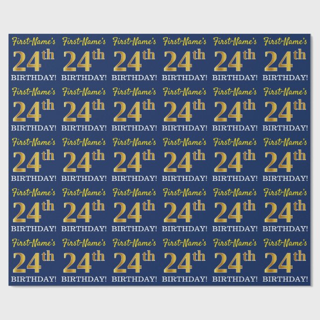 Blue, Imitation Gold Look "24th BIRTHDAY" Wrapping Paper (Flat)