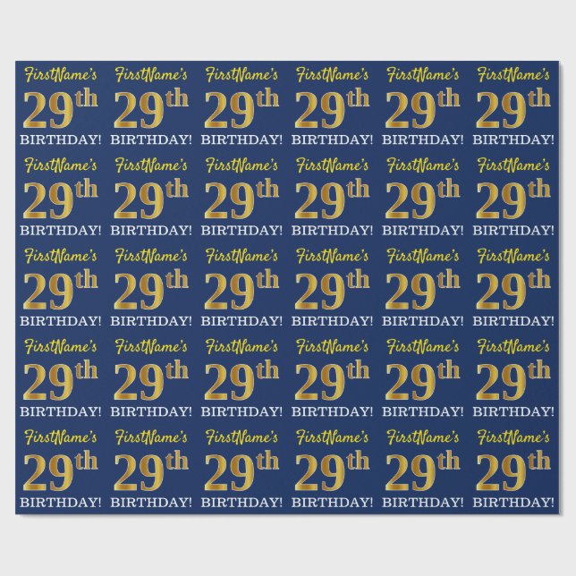 Blue, Imitation Gold Look "29th BIRTHDAY" Wrapping Paper (Flat)