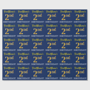Blue, Imitation Gold Look "2nd BIRTHDAY" Wrapping Paper