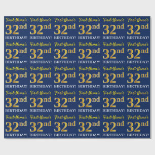 Blue, Imitation Gold Look "32nd BIRTHDAY" Wrapping Paper