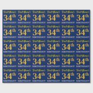 Blue, Imitation Gold Look "34th BIRTHDAY" Wrapping Paper