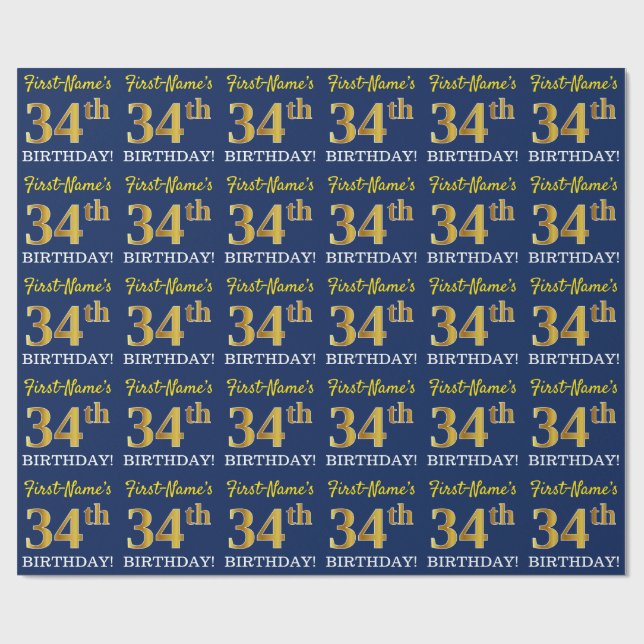 Blue, Imitation Gold Look "34th BIRTHDAY" Wrapping Paper (Flat)