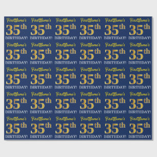 Blue, Imitation Gold Look "35th BIRTHDAY" Wrapping Paper