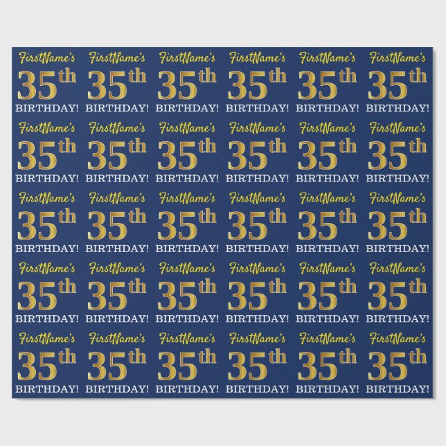 Blue, Imitation Gold Look "35th BIRTHDAY" Wrapping Paper (Flat)