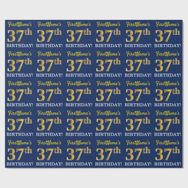 Blue, Imitation Gold Look "37th BIRTHDAY" Wrapping Paper (Flat)