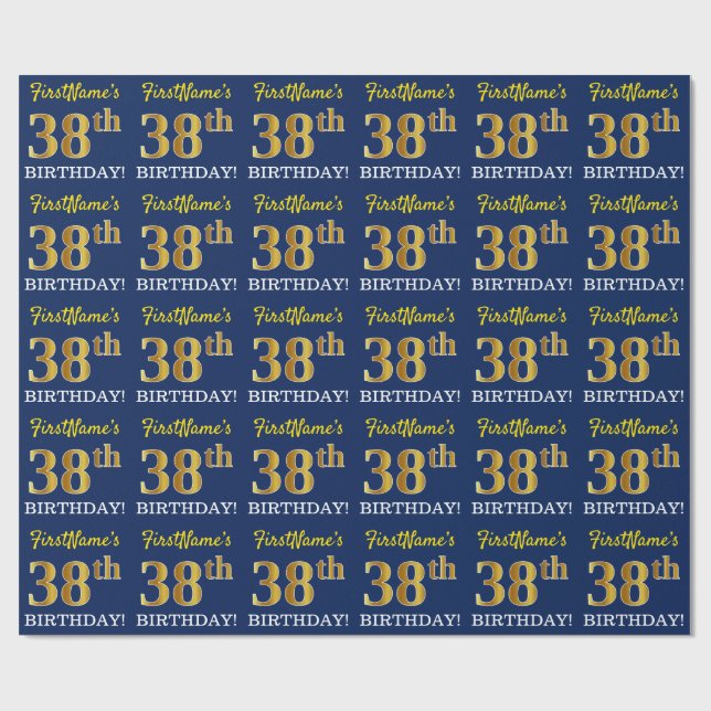 Blue, Imitation Gold Look "38th BIRTHDAY" Wrapping Paper (Flat)