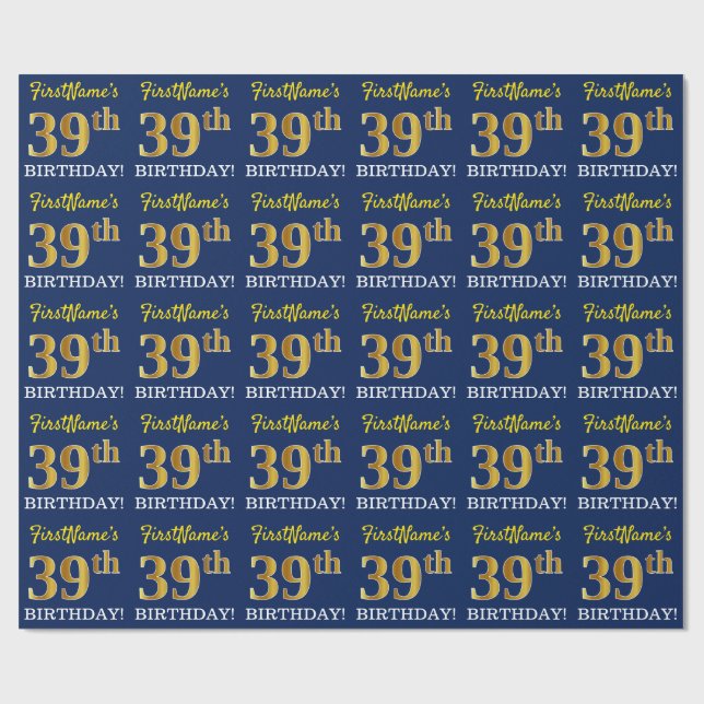 Blue, Imitation Gold Look "39th BIRTHDAY" Wrapping Paper (Flat)