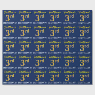 Blue, Imitation Gold Look "3rd BIRTHDAY" Wrapping Paper