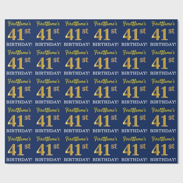Blue, Imitation Gold Look "41st BIRTHDAY" Wrapping Paper (Flat)