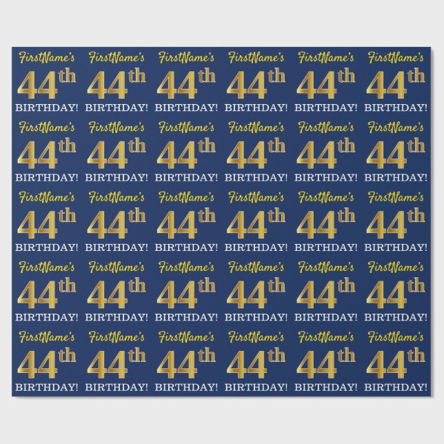 Blue, Imitation Gold Look "44th BIRTHDAY" Wrapping Paper (Flat)