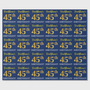 Blue, Imitation Gold Look "45th BIRTHDAY" Wrapping Paper