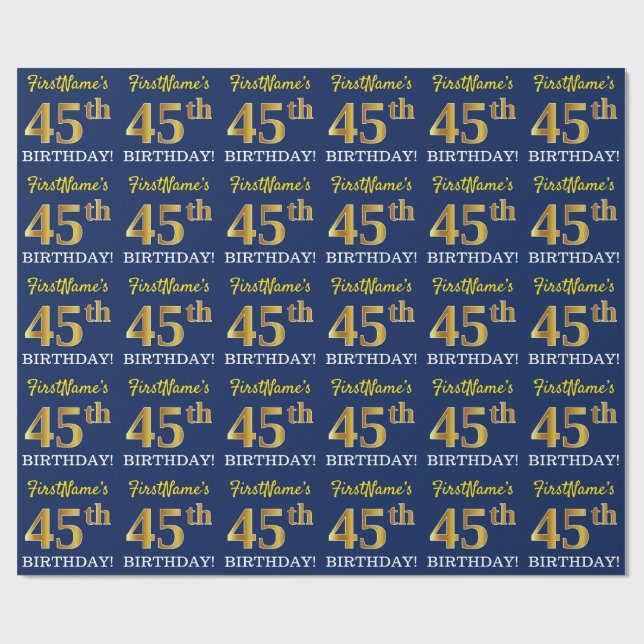 Blue, Imitation Gold Look "45th BIRTHDAY" Wrapping Paper (Flat)