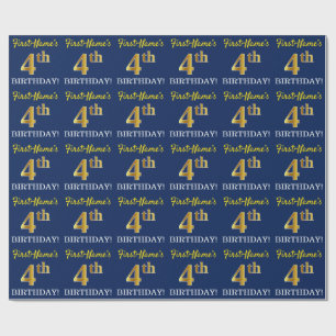 Blue, Imitation Gold Look "4th BIRTHDAY" Wrapping Paper